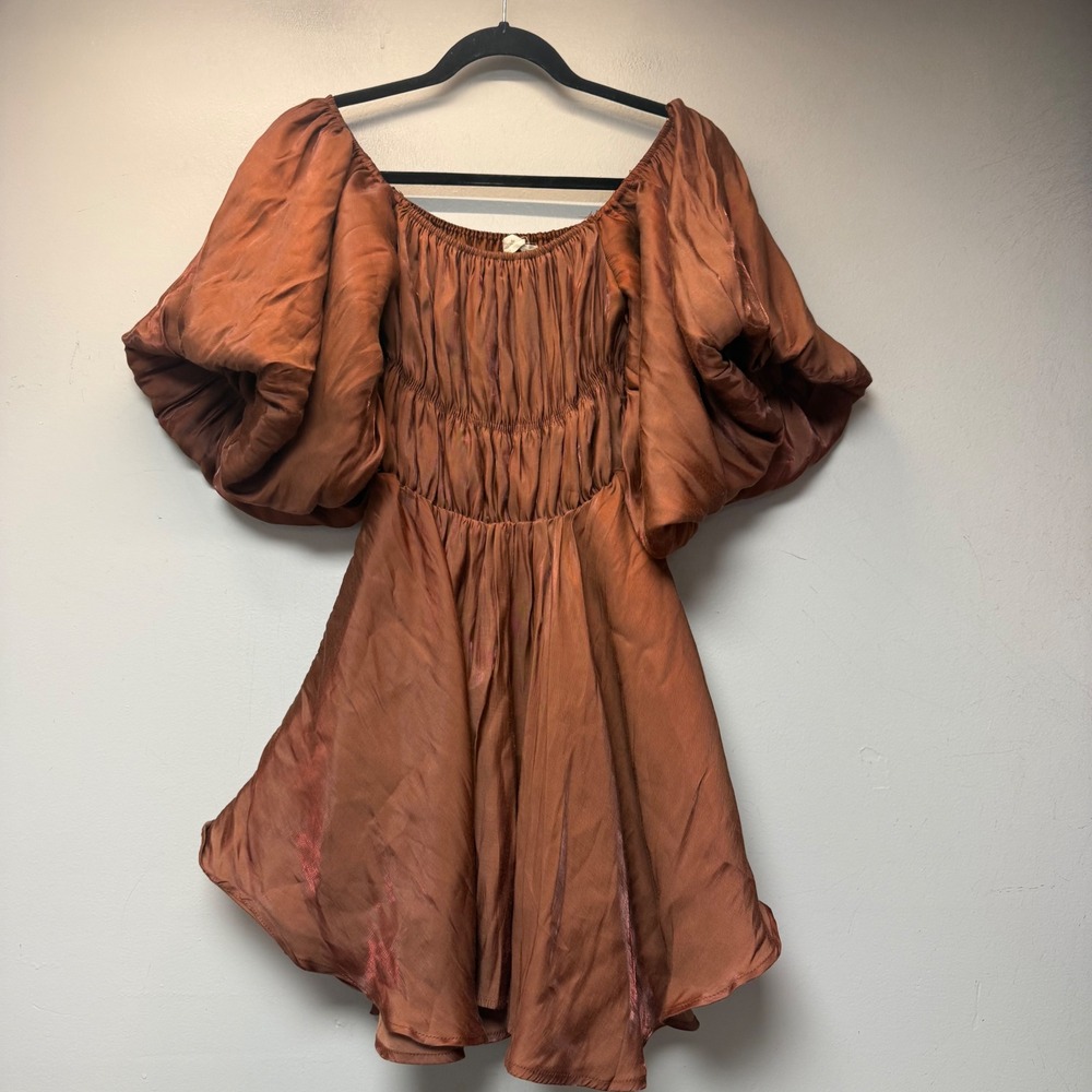 Altar'd State Mini Dress Womens XS Copper Excellent Puff Sleeve Smocked Romantic